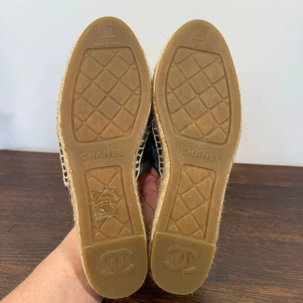 CHANEL Black and Blue Logo Espadrille Mules - Picture 7 of 10